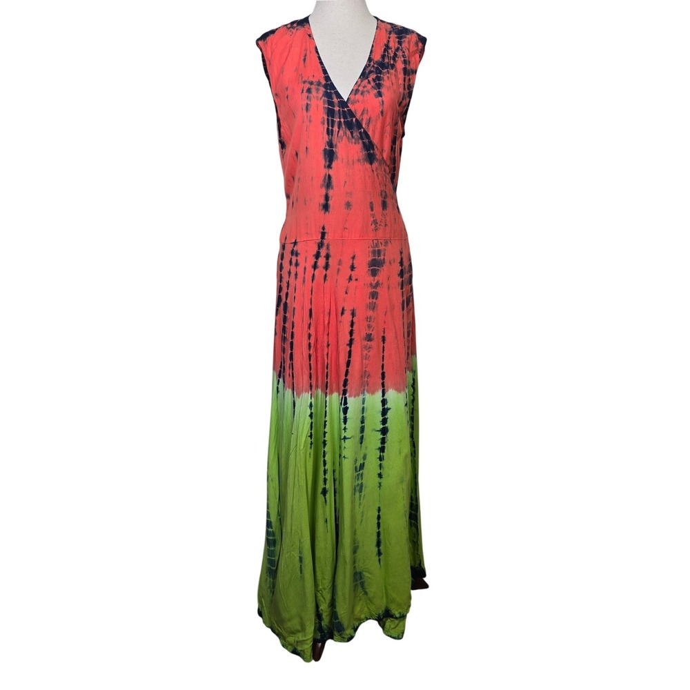 Rainbow Tie Dye Wrap Maxi Dress Red Green Blue Rayon One Size Boho Festival